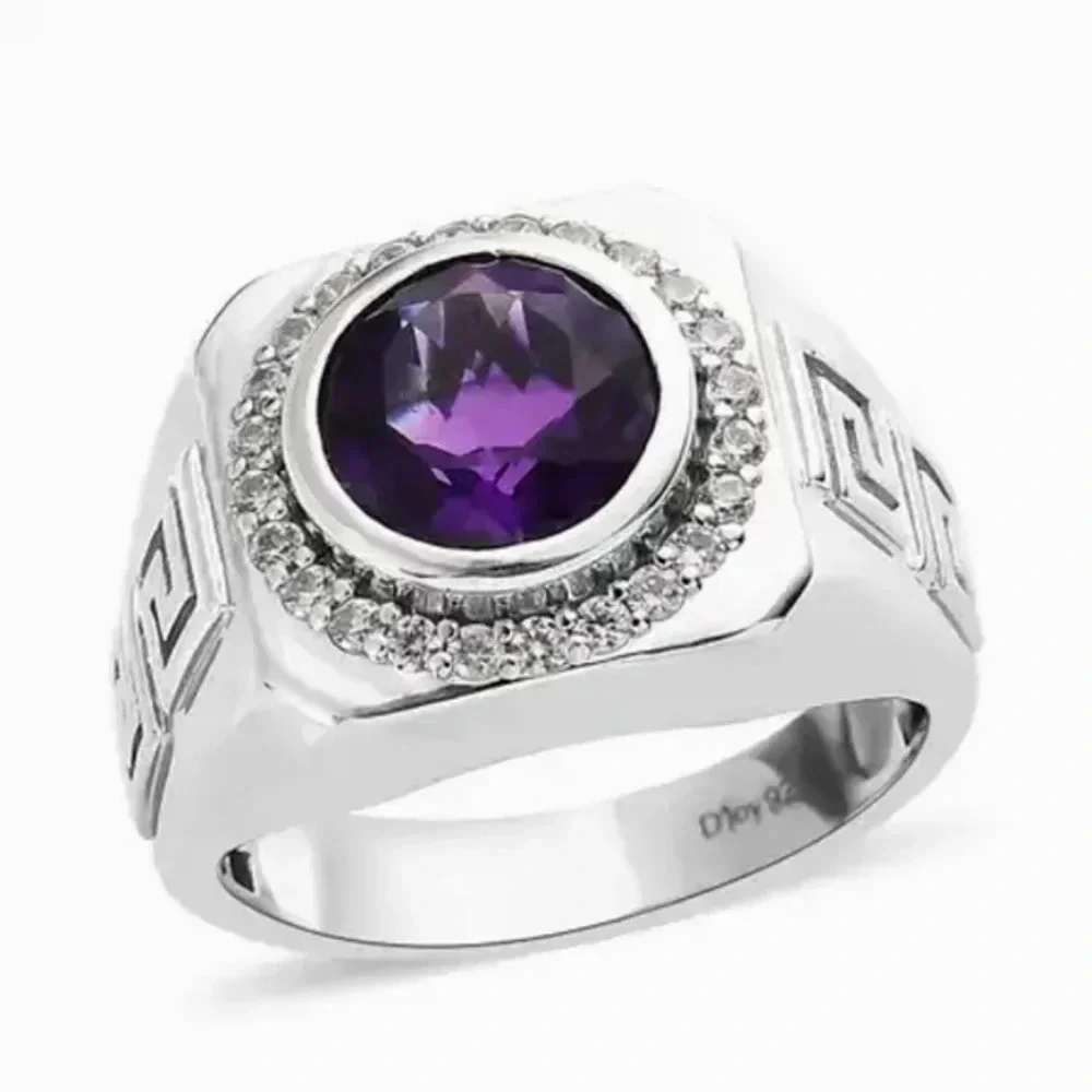 Amethyst & White Zircon Men's Ring Platinum Over Sterling Silver